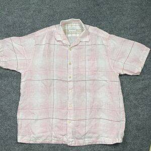 Tommy Bahama Shirt Mens XL Pink Check Linen Button Up Causal Outdoors